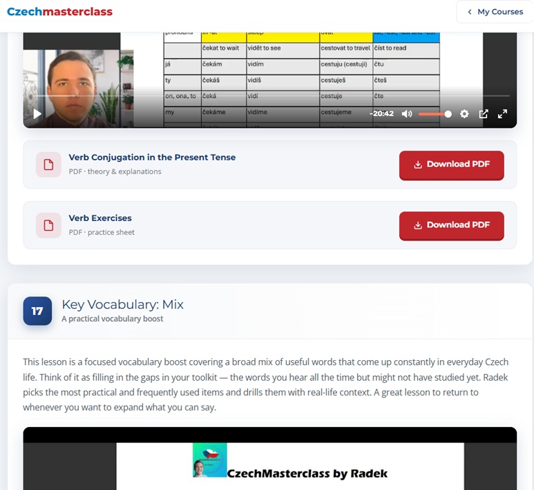 Course page listing all video lessons with downloadable PDFs and exercise sheets
