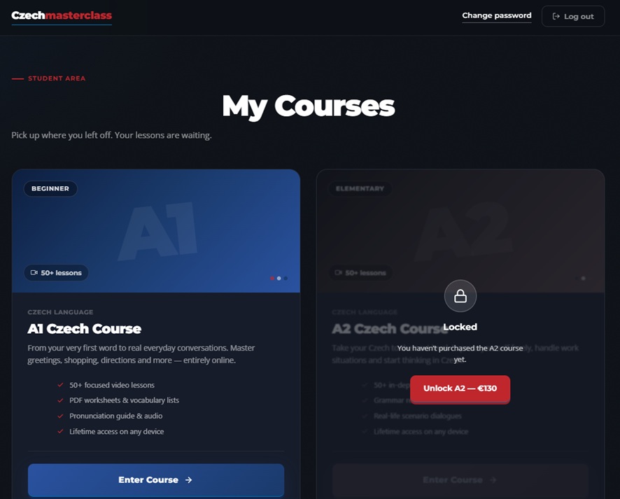 Student dashboard showing the course overview with the purchased course unlocked