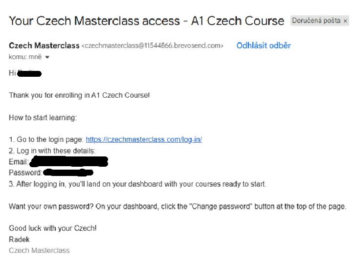 Confirmation email with the login email and generated password