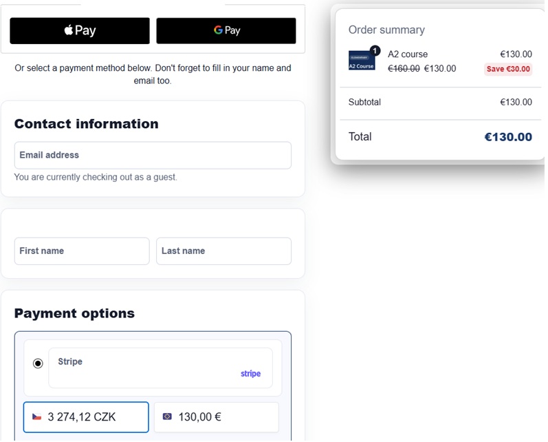 Checkout page showing the selected course and the available payment options